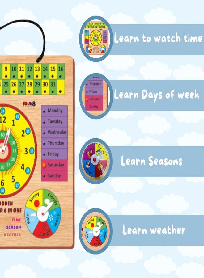 *MUKESH* MUKESH Multifunctional 6 in 1 Wood Clock/Calendar Montessori Analog for Kids, Preschool, Educational, Premium Learning Clock Toy | Multi Color | with 4 Extra PINS | Best for Gifts (BIS Certified) - Image 3